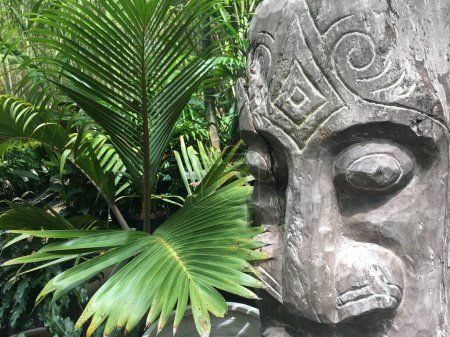 Photo for An old Polynesian wood curving totem sculptures in rain forest.In Maori culture carving is a spiritual act surrounded in tapu (taboo holy or sacred act) - Royalty Free Image
