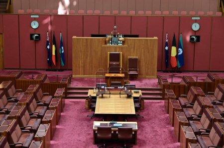 Photo for CANBERRA, ACT - MAR 16 2023:Australian Senate inside Australia Parliament House. The Senate is made up of 76 senators. Twelve senators represent each state and 2 senators represent each territory. - Royalty Free Image