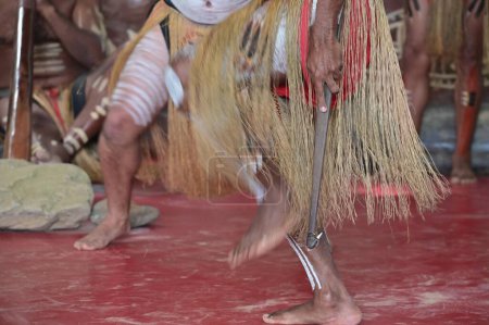 CAPE YORK, QLD - MAY 23 2023:Australian Aboriginal men dance ceremonial dancing. Most ceremonies combine dance, song, rituals and often elaborate body decorations and costumes.