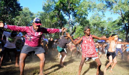 Photo for LAURA,QLD - JULY 08 2023:Aboriginal Australians Ceremonial dance in Laura Quinkan Dance Festival Cape York Queensland, Australia. Ceremonies combine dance, song, rituals, body decorations and costumes - Royalty Free Image