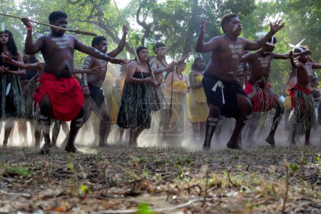 LAURA,QLD - JULY 08 2023:Aboriginal Australians Ceremonial dance in Laura Quinkan Dance Festival Cape York Queensland, Australia. Ceremonies combine dance, song, rituals, body decorations and costumes