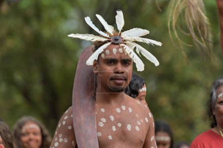 Photo for LAURA,QLD - JULY 08 2023:Indigenous Australians people during ceremonial dance in Laura Quinkan Dance Festival Cape York Queensland Australia. Ceremonies combine dance, song, rituals, body decorations and costumes - Royalty Free Image
