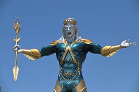 Photo for GOLD COAST, QLD - OCT 10 2023:Aquaman sculpture at New Atlantis Sea World Gold Coast Queensland Australia.In 2019 Sea World announced the addition of a $50,000,000 mega project feature three new rides - Royalty Free Image