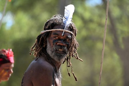 Photo for LAURA,QLD - JULY 08 2023:Indigenous Australians people during ceremonial dance in Laura Quinkan Dance Festival Cape York Queensland Australia. Ceremonies combine dance,body decorations and costumes. - Royalty Free Image