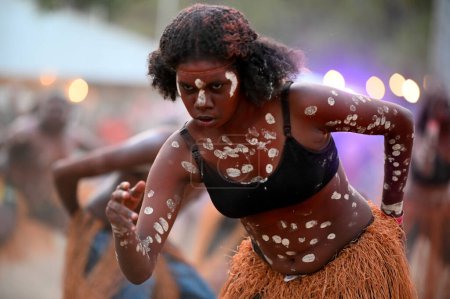 Photo for LAURA,QLD - JULY 08 2023:Indigenous Australians people during ceremonial dance in Laura Quinkan Dance Festival Cape York Australia. Ceremonies combine dance, song, rituals, body decorations and costumes - Royalty Free Image