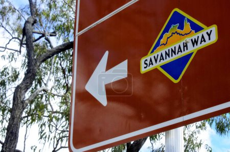 Photo for MT SURPRISE, QLD - JULY 31 2023:Savana way roadsign.The Savannah Way is a route of highways and major roads across the tropical savannahs of northern Australia, linking Cairns in Queensland with Broome in Western Australia. - Royalty Free Image