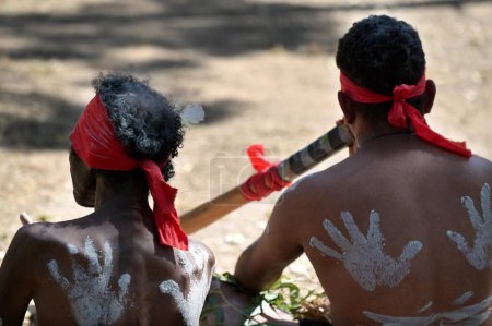Téléchargez les photos : LAURA, QLD - 08 JUILLET 2023 : Les aborigènes australiens jouent au didgeridoo sur la danse cérémonielle au Laura Quinkan Dance Festival Cape York Australie. Les cérémonies combinent danse, chant, rituels, décorations corporelles et costumes - en image libre de droit