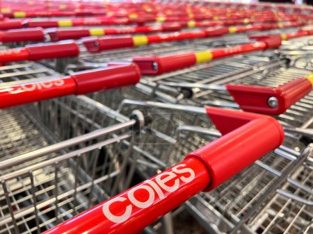 Photo for BRISBANE - FEB 16 2024:Cole supermarket logo on shopping carts.Australian Supermarkets are on the front line of consumer concerns about the rising cost of living increasing hostilities from customers. - Royalty Free Image