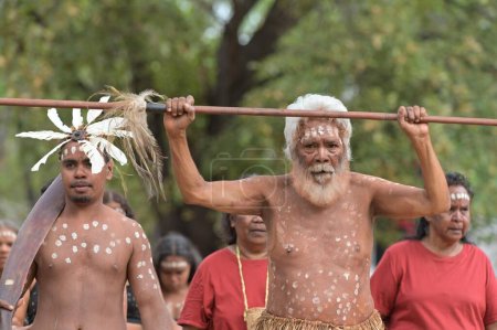 Photo for LAURA,QLD - JULY 08 2023:Indigenous Australians people on ceremonial dance in Laura Quinkan Dance Festival Cape York Australia. Ceremonies combine dance, song, rituals, body decorations and costumes - Royalty Free Image