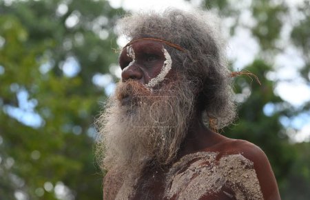 Photo for LAURA,QLD - JULY 08 2023:Active senior Indigenous Australians man on ceremonial dance in Laura Quinkan Dance Festival Cape York Australia. Ceremonies combine dance, song, rituals, body decorations and costumes - Royalty Free Image