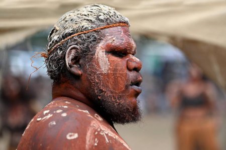 Photo for LAURA,QLD - JULY 08 2023:Indigenous Australians man on ceremonial dance in Laura Quinkan Dance Festival Cape York Australia. Ceremonies combine dance, song, rituals, body decorations and costumes - Royalty Free Image