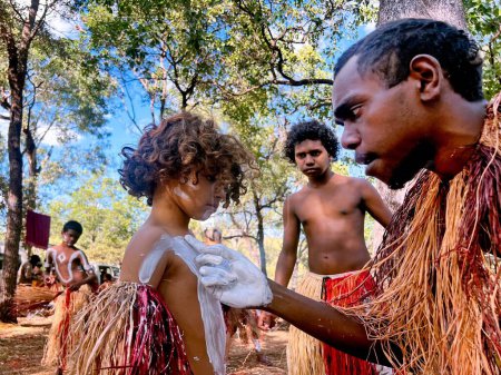 Photo for LAURA,QLD - JULY 08 2023:Indigenous Australians men on ceremonial dance in Laura Quinkan Dance Festival Cape York Australia. Ceremonies combine dance, song, rituals, body decorations and costumes - Royalty Free Image