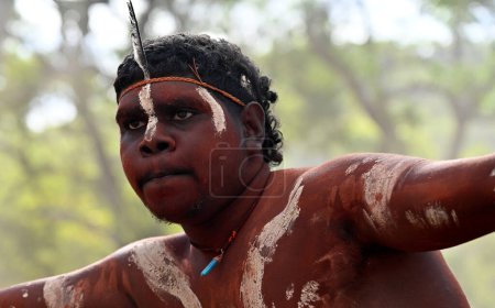 Photo for LAURA,QLD - JULY 08 2023:Indigenous Australians man on ceremonial dance in Laura Quinkan Dance Festival Cape York Australia. Ceremonies combine dance, song, rituals, body decorations and costumes - Royalty Free Image