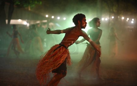 Photo for LAURA,QLD - JULY 08 2023:Indigenous Australians people on ceremonial dance in Laura Quinkan Dance Festival Cape York Australia. Ceremonies combine dance, song, rituals, body decorations and costumes - Royalty Free Image