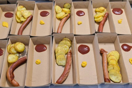 Photo for Large group of sausages served in takeaway food containers with fried potatoes tomato sauce and mustard sauce - Royalty Free Image