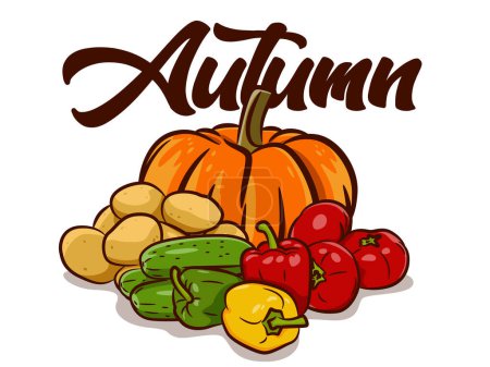 Illustration for Illustration of fresh vegetables in a pile. Isolated on white background. Illustration on the theme of the harvest.The inscription on the back "Autumn" - Royalty Free Image
