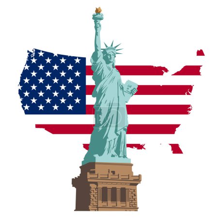 Ilustración de Ilustración de la Estatua de la Libertad contra la bandera de los Estados Unidos de América, aislada sobre un fondo blanco. Humor patriótico - Imagen libre de derechos