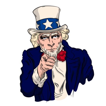 An illustration of Uncle Sam pointing his finger at us. A patriotic mood. Isolated on a white background