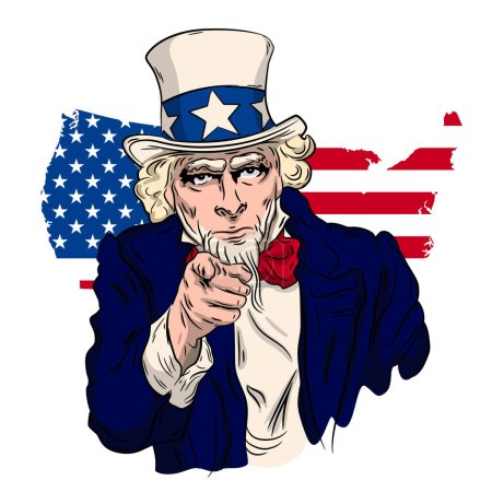 An illustration of Uncle Sam pointing his finger at us. In the background is a silhouette of the United States in the colors of the American flag
