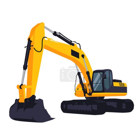 Illustration for A yellow excavator stands in front of us with the bucket down. Isolated on a white background. Layout of construction equipment - Royalty Free Image