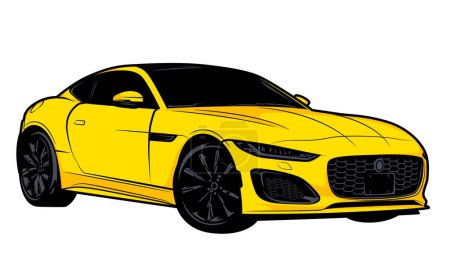 Téléchargez les illustrations : Illustration d'une voiture de sport de couleur jaune debout dans les trois quarts. Isolé sur fond blanc - en licence libre de droit