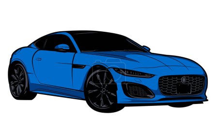 Téléchargez les illustrations : Illustration d'une voiture de sport de couleur bleue debout dans les trois quarts. Isolé sur fond blanc - en licence libre de droit