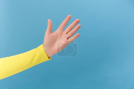 Téléchargez les photos : Gros plan de la main de la femme agitant la main, montrant la paume, faisant bonjour ou bon geste bey, saluant ou acclamant concept, posant isolé sur un mur de fond de couleur bleu uni en studio avec espace de copie - en image libre de droit