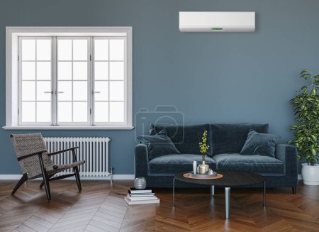 Foto de Gran lujo moderno interiores luminosos sala de estar con aire acondicionado maqueta ilustración 3D representación - Imagen libre de derechos