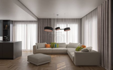 Photo for Illustration 3D rendering large luxury modern bright interiors Living room mockup computer digitally generated image - Royalty Free Image