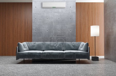 Foto de Gran lujo moderno interiores luminosos sala de estar con aire acondicionado maqueta ilustración 3D representación - Imagen libre de derechos