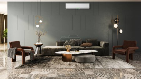 Téléchargez les photos : Grand luxe moderne lumineux intérieur salon avec climatisation maquette illustration rendu 3D - en image libre de droit