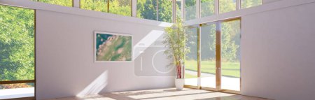 Photo for Large luxury modern bright interiors Living room mockup illustration banner 3D rendering computer digitally generated image - Royalty Free Image