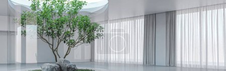 Téléchargez les photos : Grand luxe moderne intérieur lumineux Salon maquette bannière illustration rendu 3D ordinateur image générée numériquement, chiar, table, mur, briques - en image libre de droit