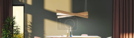 Téléchargez les photos : Grand luxe moderne intérieur lumineux Salon maquette bannière illustration rendu 3D ordinateur image générée numériquement, chiar, table, mur, briques - en image libre de droit