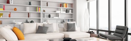 Téléchargez les photos : Grand luxe moderne intérieurs lumineux salon maquette bannière illustration rendu 3D ordinateur image générée numériquement - en image libre de droit