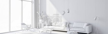 Ilustración 3D moderna, Banner relajante y cómoda sala de estar moderna con sofás, sillones, ventanas, alfombras, mesas de café, cortinas y librerías