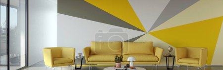 Photo for Modern 3d illustration, Banner Relaxing and Comfortable Modern Living Room with Sofas, Armchairs, Windows, Rugs, Coffee Tables, Curtains, and Bookshelves - Royalty Free Image