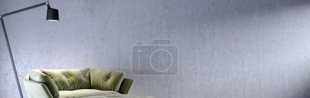 Foto de Ilustración 3D moderna, Banner relajante y cómoda sala de estar moderna con sofás, sillones, ventanas, alfombras, mesas de café, cortinas y librerías - Imagen libre de derechos