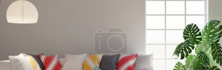 Foto de Ilustración 3D moderna, Banner relajante y cómoda sala de estar moderna con sofás, sillones, ventanas, alfombras, mesas de café, cortinas y librerías - Imagen libre de derechos
