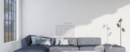 Photo for Modern 3d illustration Banner Relaxing and Comfortable Modern Living Room with Sofas Armchairs Windows Rugs Coffee Tables Curtains and Bookshelves - Royalty Free Image