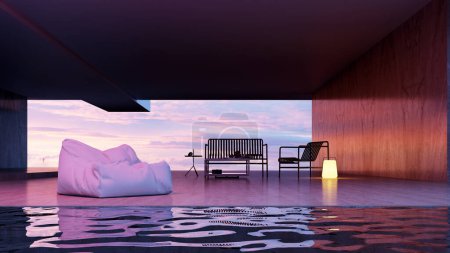 Photo for Modern 3d illustration Banner Relaxing and Comfortable Modern Living Room with Sofas Armchairs Windows Rugs Coffee Tables Curtains and Bookshelves - Royalty Free Image
