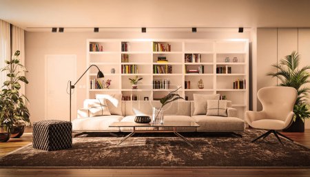 Foto de Grandes interiores luminosos modernos de lujo Sala de estar banner de imitación ilustración 3D renderizado - Imagen libre de derechos