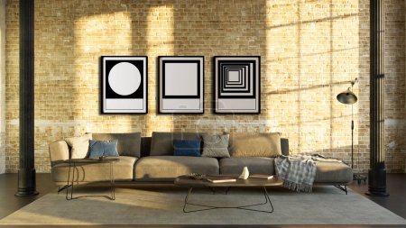 Foto de Grandes interiores luminosos modernos de lujo hogar Sala de estar mockup banner ilustración vintage 3D renderizado - Imagen libre de derechos