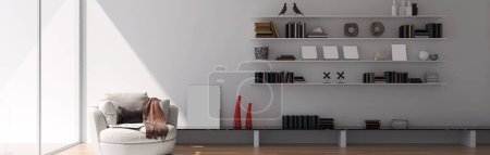 Téléchargez les photos : Illustration 3D moderne Bannière Salon moderne relaxant et confortable avec canapés Fauteuils Fenêtres Tapis Tables basses Rideaux et étagères - en image libre de droit