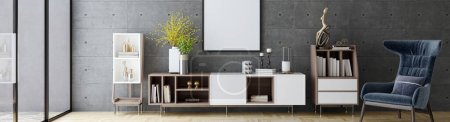 Illustration 3D moderne Bannière Salon moderne relaxant et confortable avec canapés Fauteuils Fenêtres Tapis Tables basses Rideaux et étagères