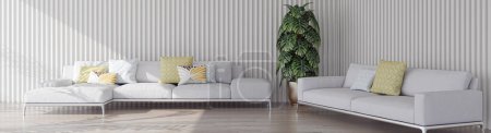 Téléchargez les photos : Illustration 3D moderne Bannière Salon moderne relaxant et confortable avec canapés Fauteuils Fenêtres Tapis Tables basses Rideaux et étagères - en image libre de droit