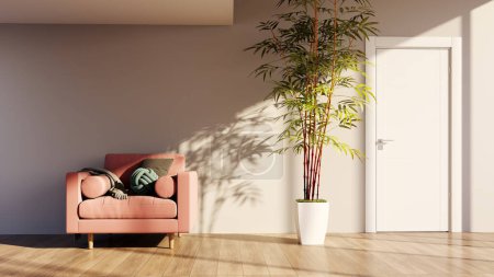 Foto de Amplios interiores luminosos modernos de lujo Ilustración de maqueta de sala de estar Imagen generada digitalmente por computadora de renderizado 3D, planta de manguera mínima para el hogar - Imagen libre de derechos