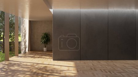 Téléchargez les photos : Grand luxe moderne intérieur lumineux Salon maquette illustration rendu 3D image générée numériquement, plante de tuyau minimal à la maison - en image libre de droit