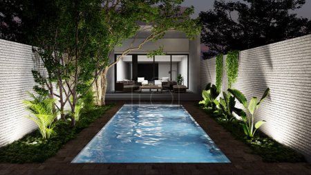 Foto de Amplios interiores modernos de lujo de la piscina Ilustración de la maqueta de la sala de estar Imagen de representación 3D - Imagen libre de derechos