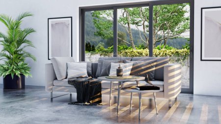 Foto de Amplios interiores luminosos modernos de lujo Ilustración de maqueta de sala de estar Imagen de representación 3D - Imagen libre de derechos